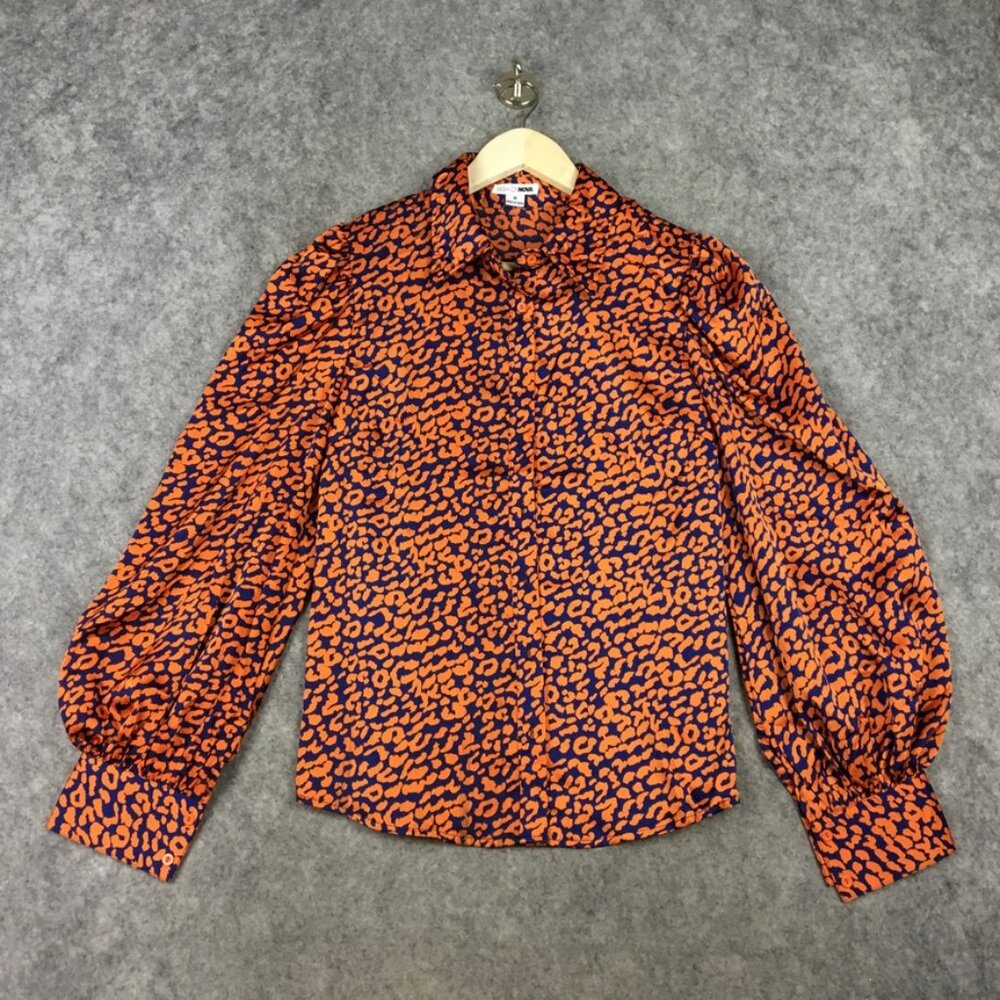 Fashion Nova Top M Blouse Orange Blue Leopard Shirt Puff Bishop Sleeve Button Up